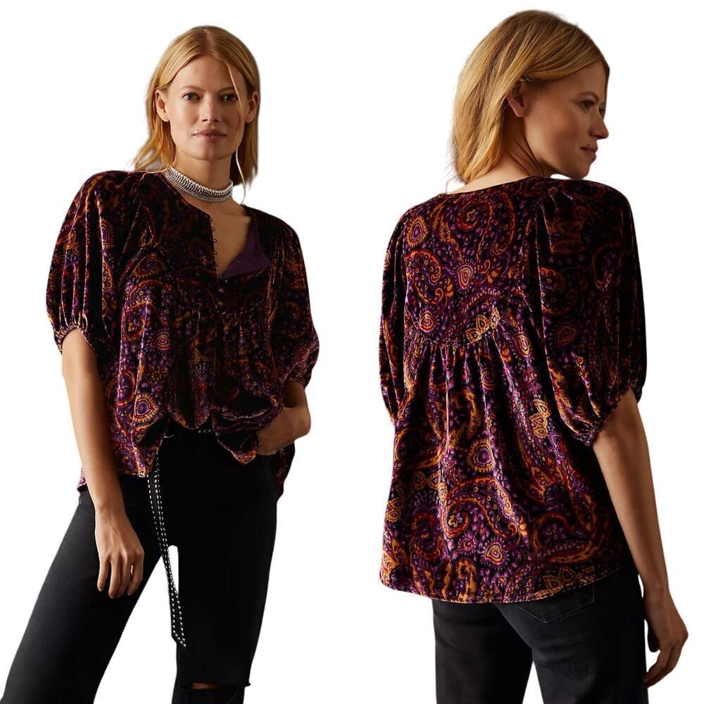 Anthropologie Puff Sleeve Velvet Peasant Blouse Paisley Print Purple Size XS